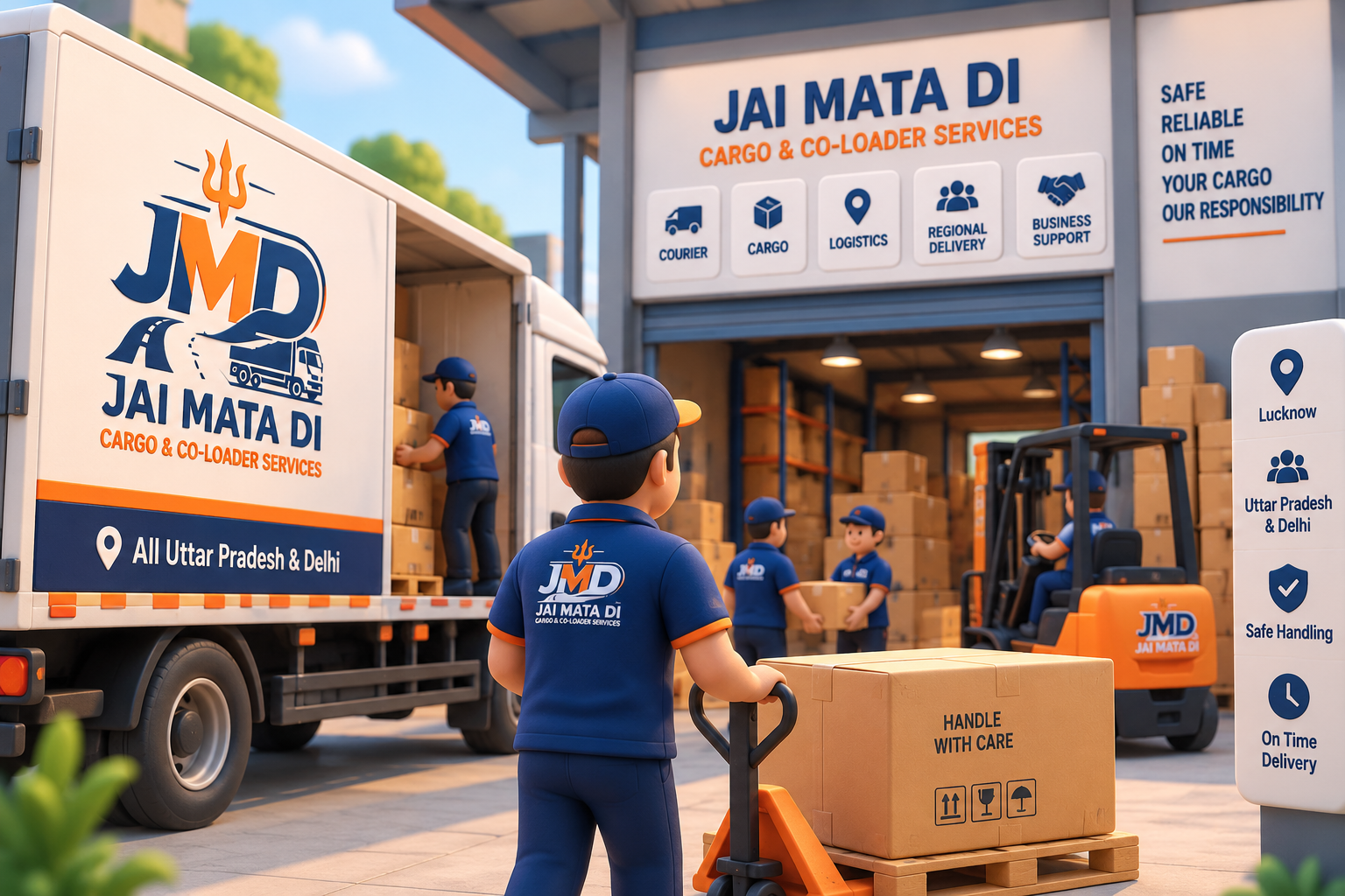 Logistics team loading labelled cargo boxes into a truck at a warehouse